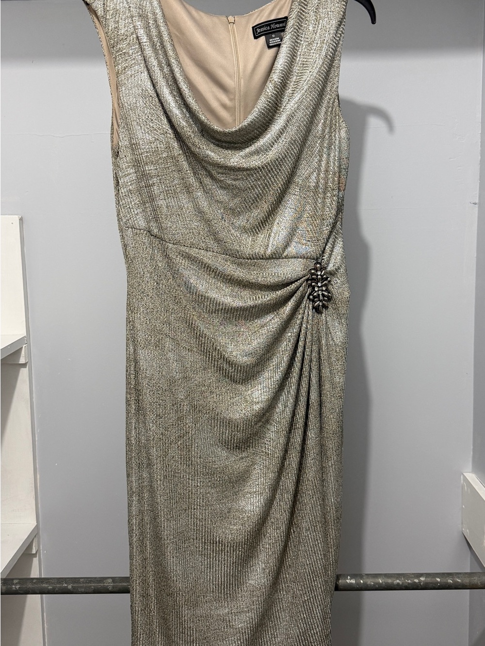 Jessica Howard Metallic Gold-Top Midi Dress with Side Accent